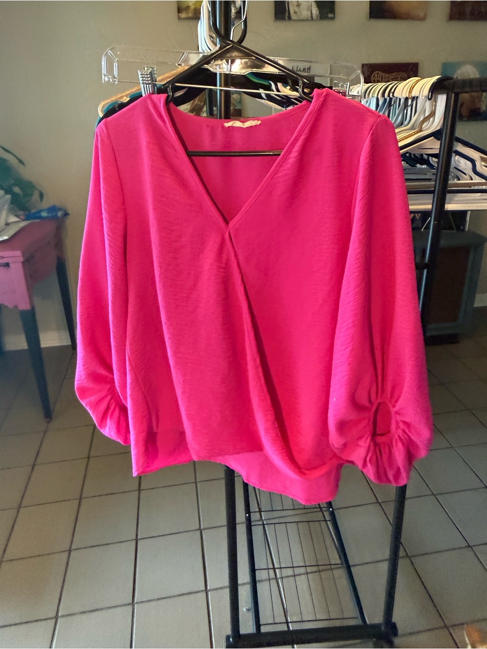 entro Hot Pink V-Neck Draped Blouse with Ruched Sleeves